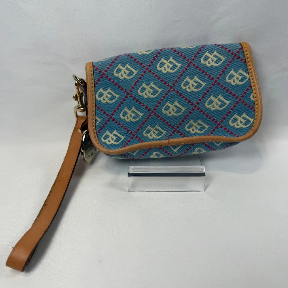Dooney & Bourke Wristlet Pouch Womens Small Blue Monogram Canvas Leather Trim